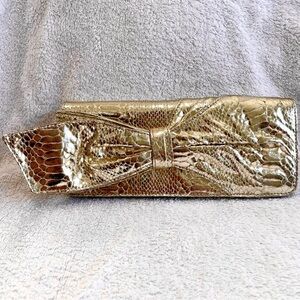 Nine West Gold Metallic Clutch Bow Snakeskin Evening Bag w Mirror